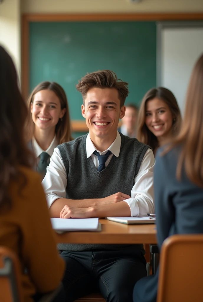 Handsome 20 Year Old Boy in a College Uniform in Classroom with his Friends 