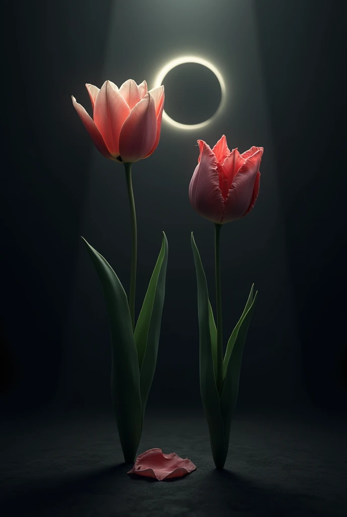 two tulips, One alive but with a fallen petal and the other very wilted,in a dark environment with little light given by an eclipse