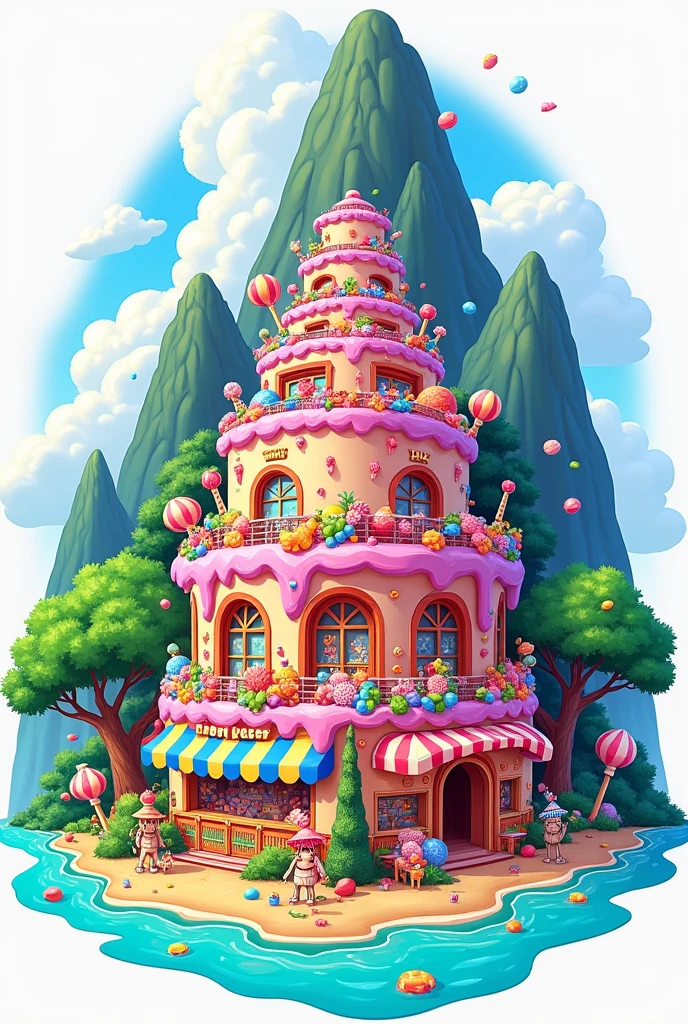 I want a logo for a candy store called Candy Island. I want the island inspired by Big Mom's island from One Piece and the cake, change it to a jar cake, make the cake smaller.