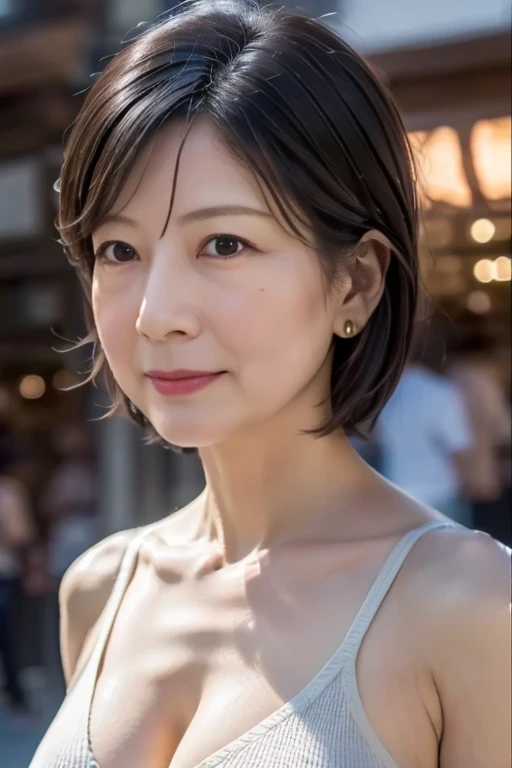 (In 8K, Highest quality, masterpiece:1.2), (Realistic, Photorealistic:1.37), Very detailed, Natural light, Mid-chest, Cleavageが見える, 1 person, 50-year-old woman, Black Hair, short hair, Look up at the viewer from below, Cleavage, Black sleeveless, At the time of the performance, Very detailed顔と肌, Detailed eyes, Very detailed顔と肌
