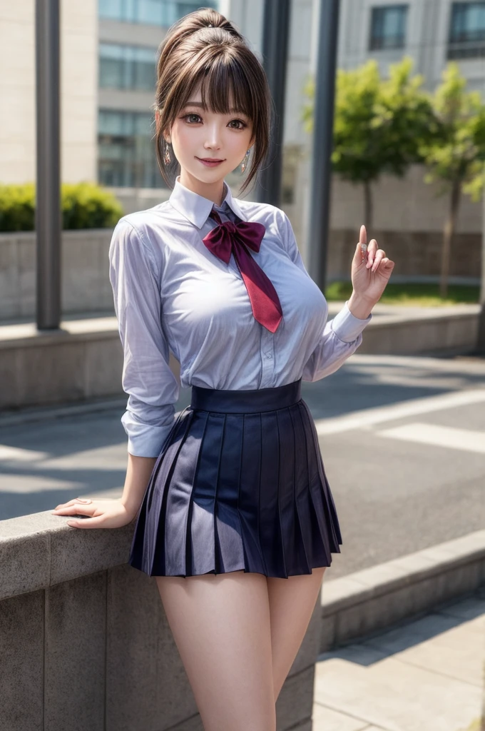 Kujikawa Def,ponytail,school uniform,Seraph of the Black,Long sleeve,skirt,Knee socks,jewelry,Earrings,Are standing,
Highest quality, Very detailed, masterpiece, Absurd,8k, photoRealistic, Realistic,Detailed skin texture,Detailed pupil,High resolution,Natural light,
One girl,alone,(Happy:1.1),(smile:1.2),short hair,Brown Hair,(Angular face:1.2),Shining Face,Large Breasts, Tight waist, Lip Makeup,