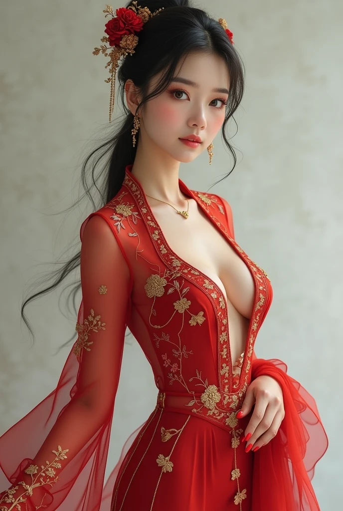 araffe woman in a red sari posing for a picture, in red background, glowing red, glamour pose, red hot, red and cinematic lighting, very seductive pose, by Natasha Tan, red clothes, by Emma Andijewska, stunning elegant pose, wearing red, sensuous, gold and red, wearing a red outfit, all red, glamorous pose,  500R, photorealistic, ultra high quality, Ultra-detailed face, fujifilm, kodak, nikon, canon
