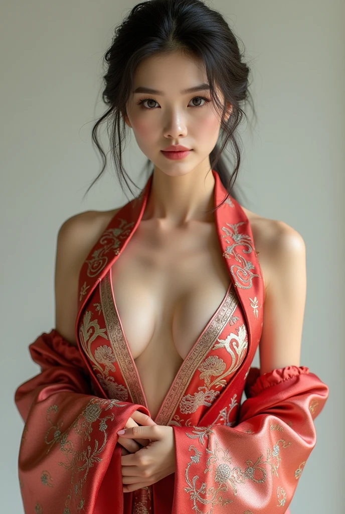 A woman wearing a low-cut Tang suit