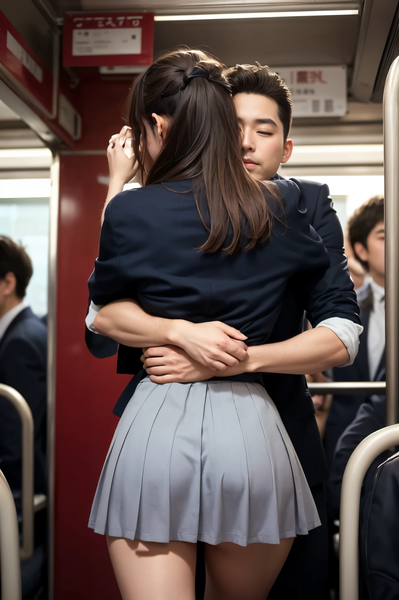 NSFW viewers are advised to use their own judgment, Crowded train, Japan , Handsome man hugging his girlfriend from behind, Talk in her ear, lifting her up, Mini skirt twist up, 40,000, photo, masterpiece, best quality, Dark gray background, 16 years old Pleated Skirt ((Japan girls' high school uniform)), An old man leaned against her from behind、I held you, gentlemen..々Strike a pose.A man touched my buttocks with his hand,A man touched my buttocks,A man grabbed my hips,A man put his hand up my skirt,A man grabs a woman'butt