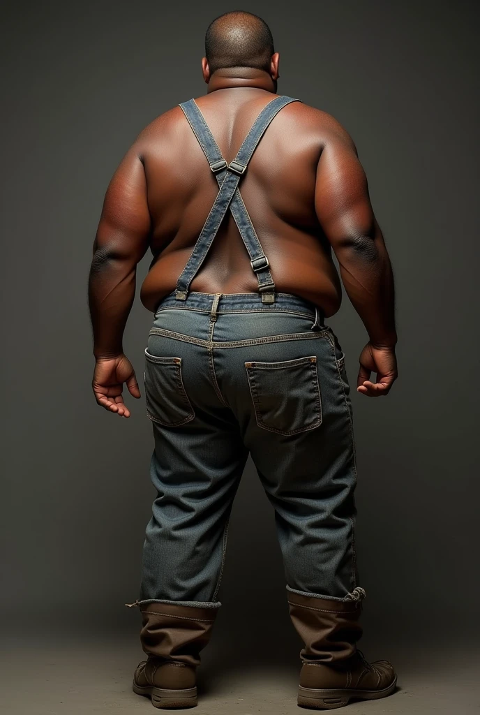 Create a picture of ugly fat gay person, with black skin tone, poor class, dressed as a mechanic with his buttocks exposed