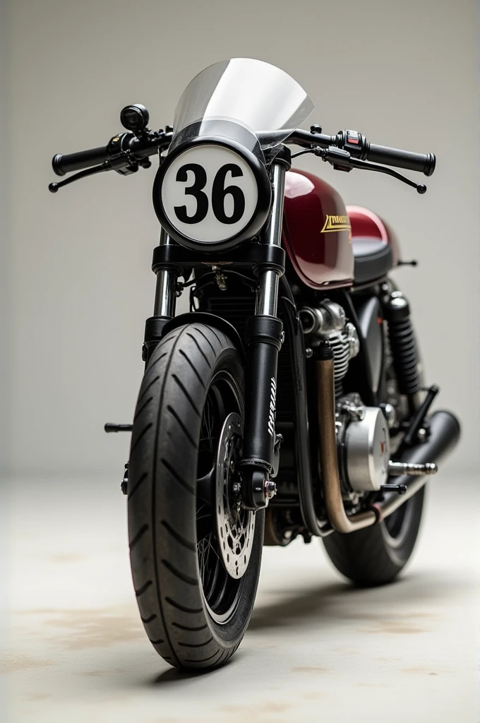 A cafe racer racing motorcycle, in front where the headlight goes, replace it with a round plate that has the number 36 on it. The tank has to be wine-colored. The engine is single-cylinder. Motocross tires. 