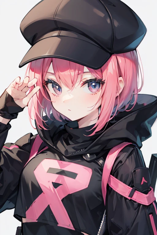 Pokémon Go, Team GO Rocket Grunt girl. Short pink hair, black hat.