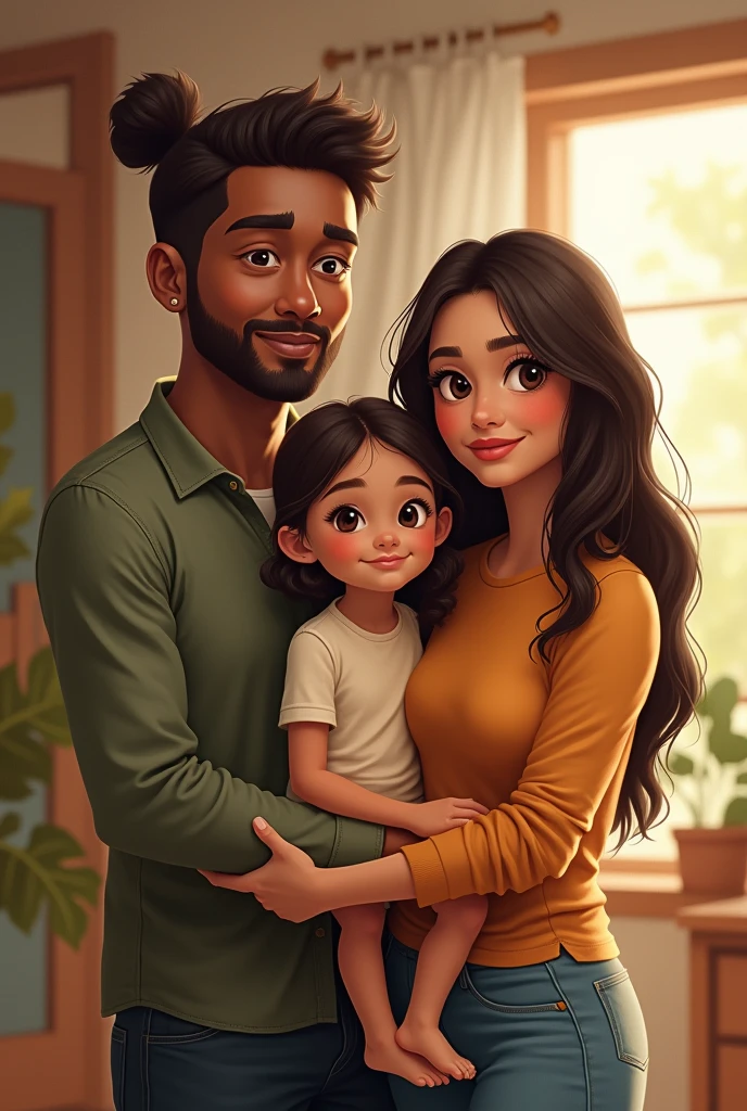 A family of 3 people The father is light brown skinned and does not have a beard The mother is light brown skinned and the daughter is light skinned