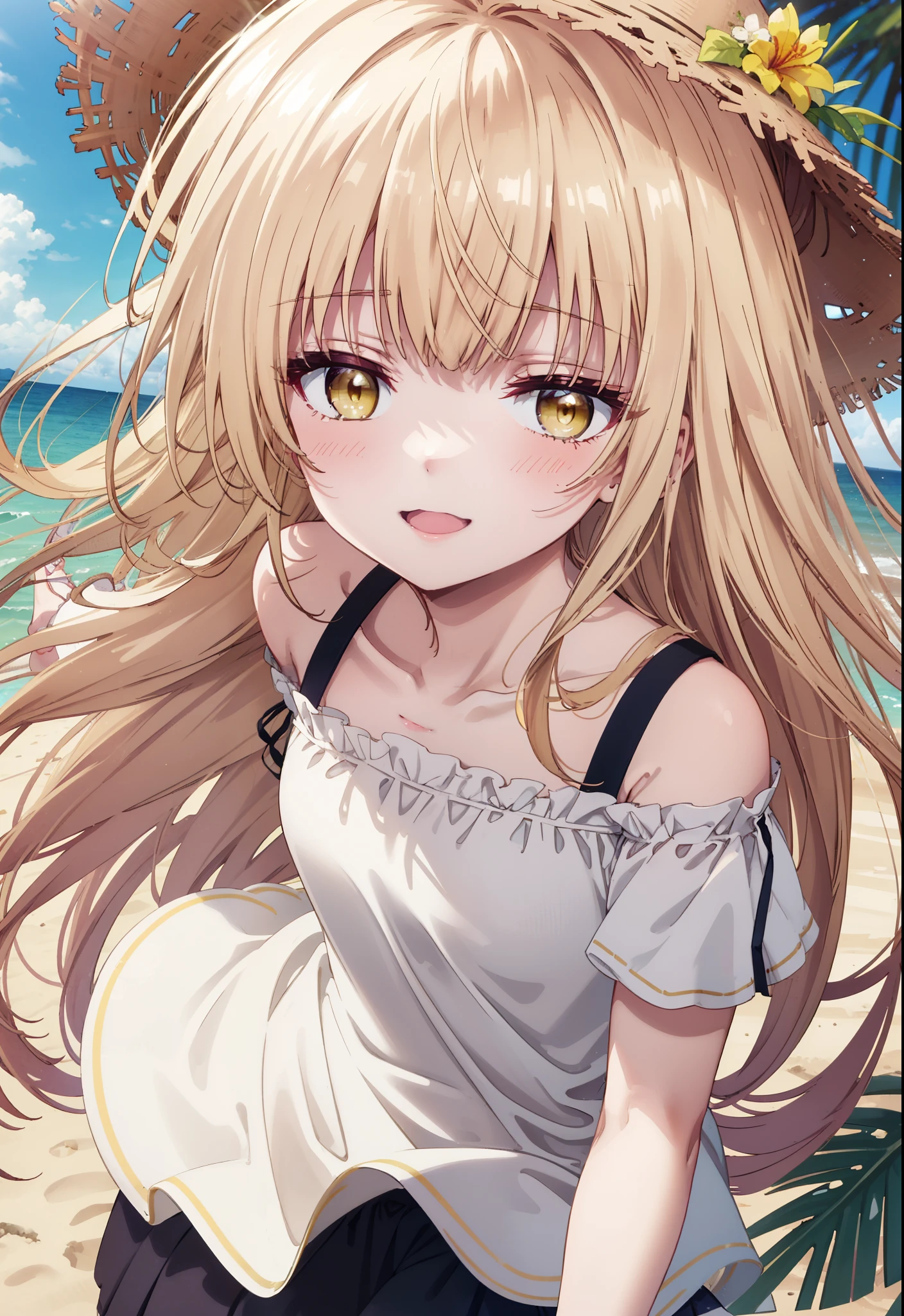 mahirushiina, mahiru shiina, Long Hair, bangs, Blonde, Brown Hair, (Yellow Eyes:1.3),happy smile, smile, Open your mouth,blush, Straw hat,smile,Cold Shoulder Shirt,Short sleeve,Long skirt,Cute heeled sandals,True Summer,Clear skies,Daytime,Palm tree,Hair is fluttering in the wind,whole bodyがイラストに入るように,
break outdoors, tropical,In town,Coastal Road,
break looking at viewer, whole body,
break (masterpiece:1.2), Highest quality, High resolution, unity 8k wallpaper, (figure:0.8), (Beautiful attention to detail:1.6), Highly detailed face, Perfect lighting, Highly detailed CG, (Perfect hands, Perfect Anatomy),