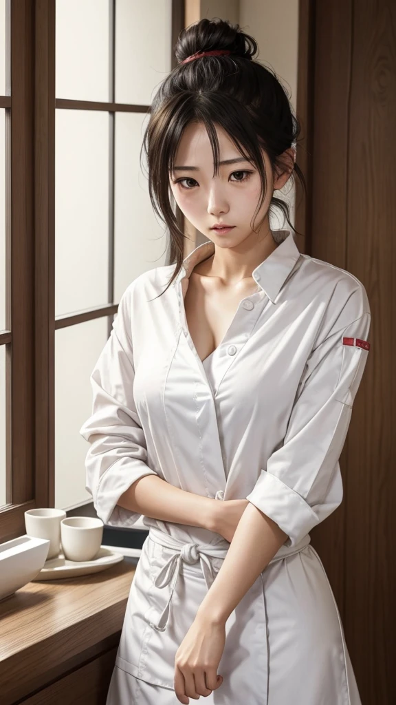 Young Japanese women, chef, hiar tied into a messy bun, sad eyes, tight messy clothes, no bra under her shirt, exhausted, sexy, nsfw