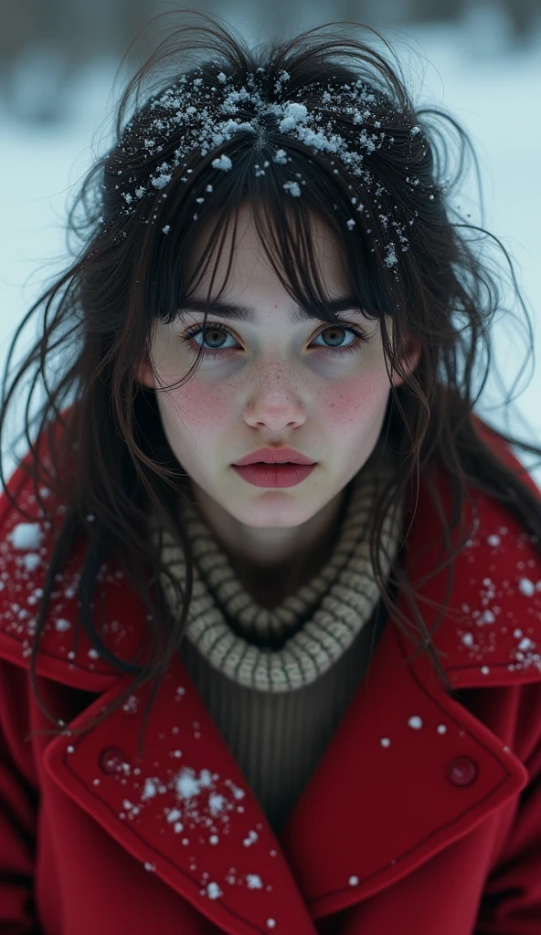 ((( masterpiece ))), (((Highest quality))), ((Very detailed)), (photograph), ((Very delicate and beautiful )),High resolution,
One Girl, Age 25, 
(Detailed eyes), (Detailed facial features), (Detailed Weapons), (Detailed fingers), (Leg Details), 
(Eyes visible through hair), ((Drunk Eyes)) , (Embarrassing :1.2),
(Toothless smile),(((Fuller lips))),
(Snow Scene),(Upper Body),Red coat,
((Dim Light)),((Film Grain)), ((Single-lens reflex camera)), ((35mm lens focal length))