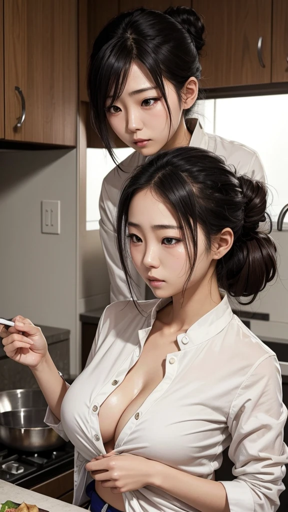 Young Japanese women, chef, hiar tied into a messy bun, sad eyes, tight messy clothes, no bra under her shirt, exhausted, sexy, nsfw