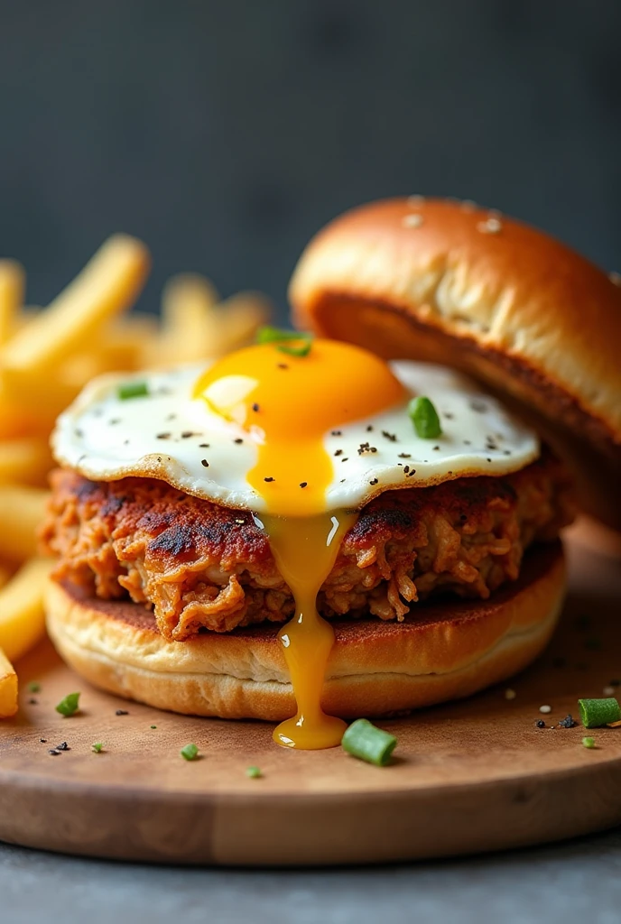 Shredded chicken burger with fried egg and fries another angle

