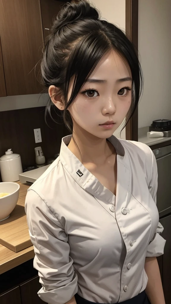 Young Japanese women, chef, hiar tied into a messy bun, sad eyes, tight messy clothes, no bra under her shirt, exhausted, sexy, nsfw