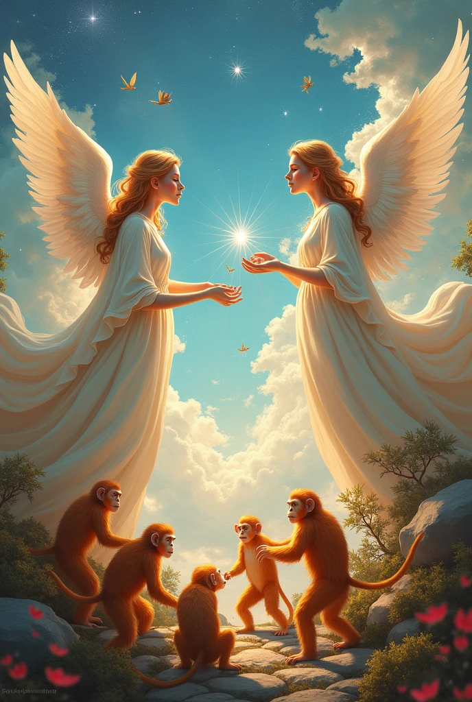 Background of angels and monkeys With brightly colored background
