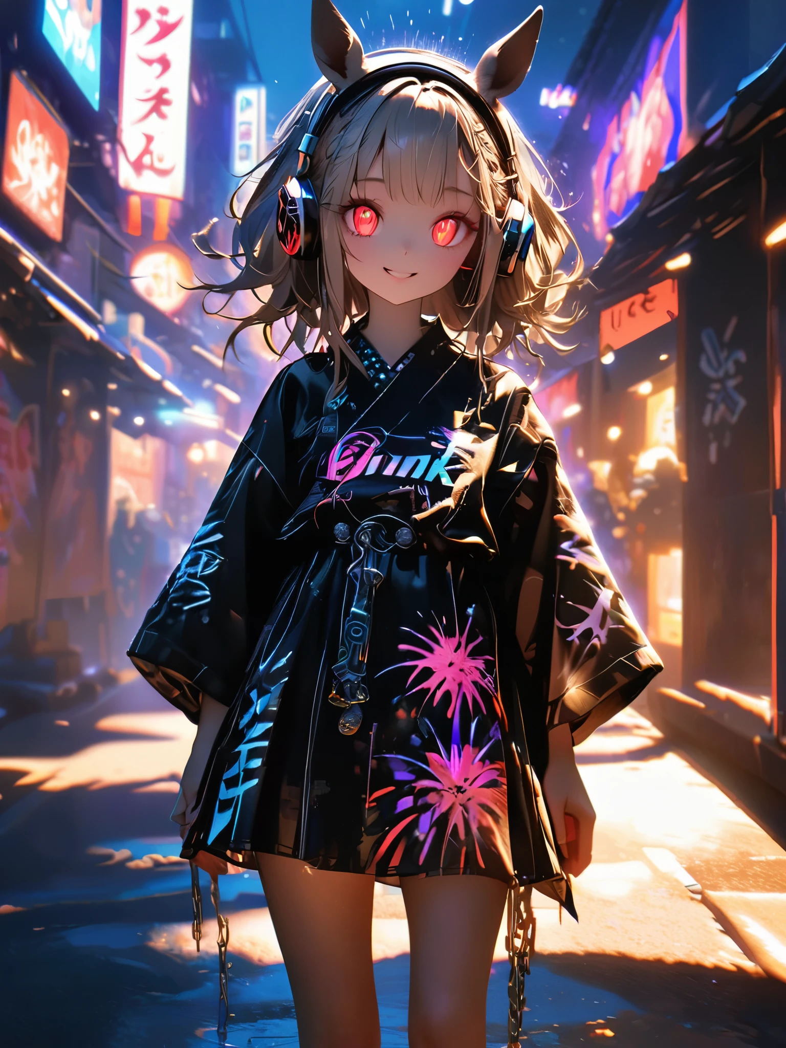 1 girl, chromatic aberration, Written boundary depth, Soft Light, masterpiece, Highest quality, complicated, Tone Mapping, Very deしっぽed, A bank where fireworks are set off at a festival, Concept Art, Smooth, Clear focus, Dramatic lighting, Very deしっぽed artwork, movie, super practical painting, アートステーション's trending, 8k, Incredible Shadows, practical, (Very deしっぽed background:1.0), whole body, View, Viewers, Portrait of a Girl 1, standing on street corner, Heavy rain and lightning、Dark Sky, neon and cyber punk background, she is dressed in punk clothing with silver chains and silver spikes, Her hair was dyed light brown......，The middle part is black, She wears headphones, Deしっぽed red eyes with clear pupils, Ominous aura of light, smile, punk, ciber punk, Backlight.Fashionable clothes、Horse-friendly dress code: yukata.No horse ears.The chest is a little large