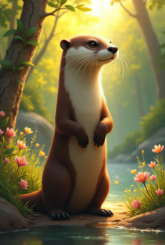 A brave little otter with a shiny, smooth coat, standing tall on a riverbank with the sun shining behind him. The forest in the background is lush and green, with a few colorful flowers dotting the scene.