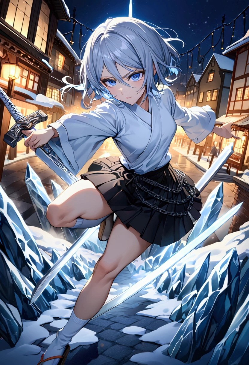 ((Highest quality)),((Very detailed)),((Holding two swords,Pale-white shining sword,Two-Way,The swords are connected by a chain)), ((Town square at night,)), ((Blue mesh on hair)),masterpiece, Detailed face,Beautiful Face, Top view, (Fighting), ((ice,snow)),(Long-legged white shirt,Short black skirt,White floral pattern on skirt,White socks,geta)One girl,((Blue Eyes,Dynamic pose,A slightly fluffy shirt)) , Rukia, Gray Hair, short hair, Hair between the eyes, Purple eyes, Small breasts,cold