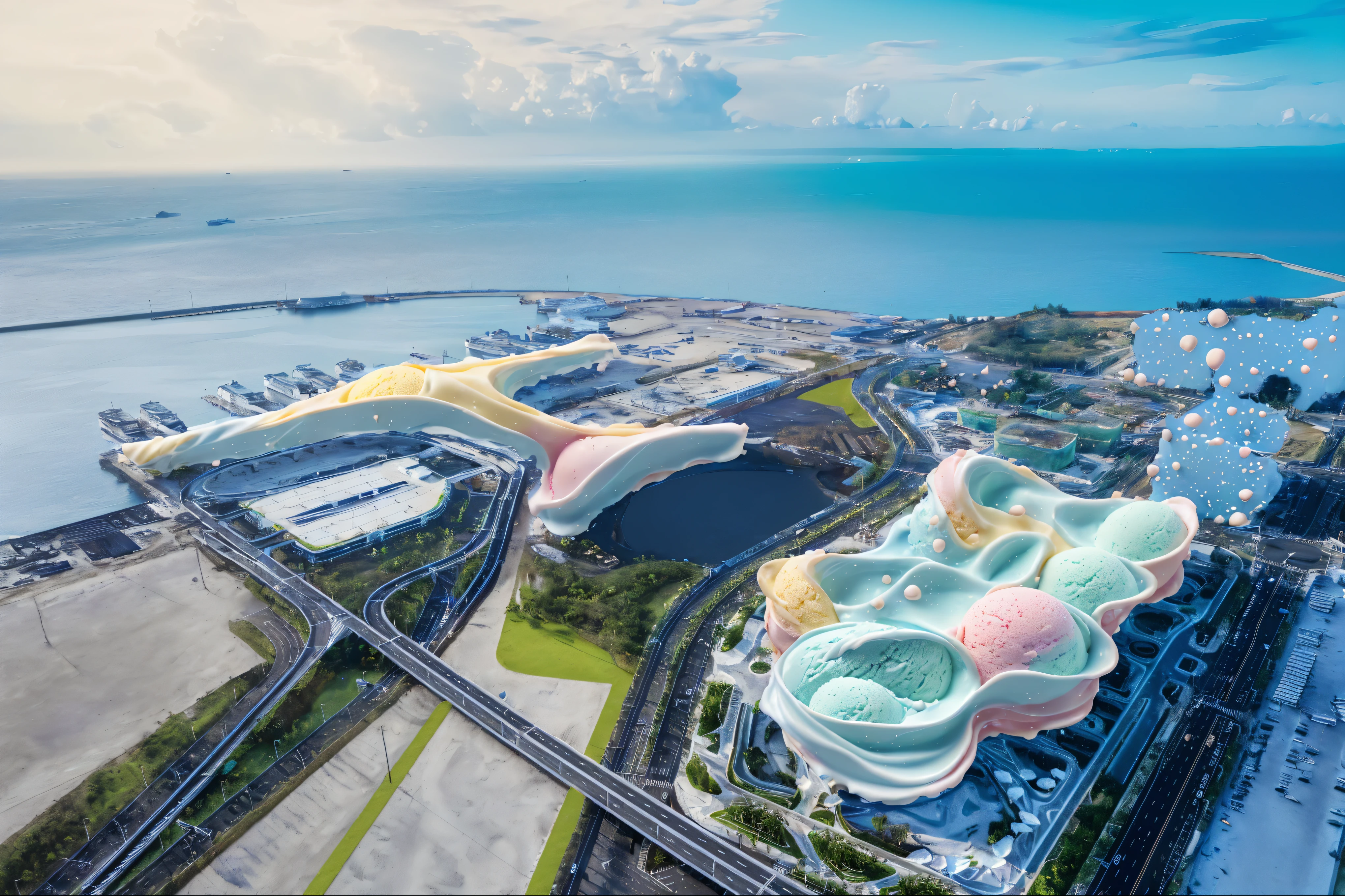 Building made of melted cream ice cream cake,Divided into summer colors,Ice cream texture,Dopamine color,Rich in details,Wafer biscuits texture