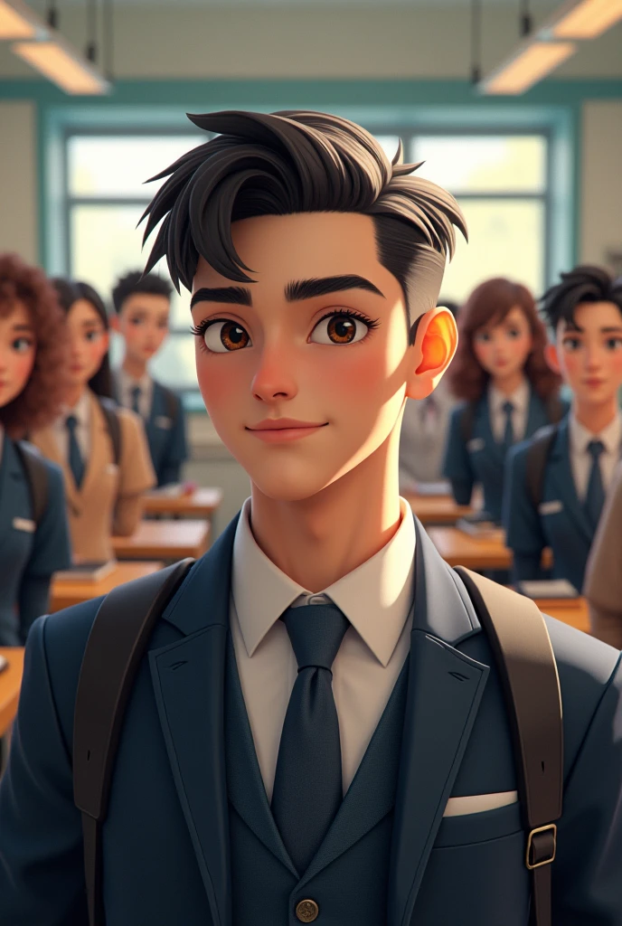 Handsome 20 Year Old Boy in a College Uniform , in Classroom with his Gang