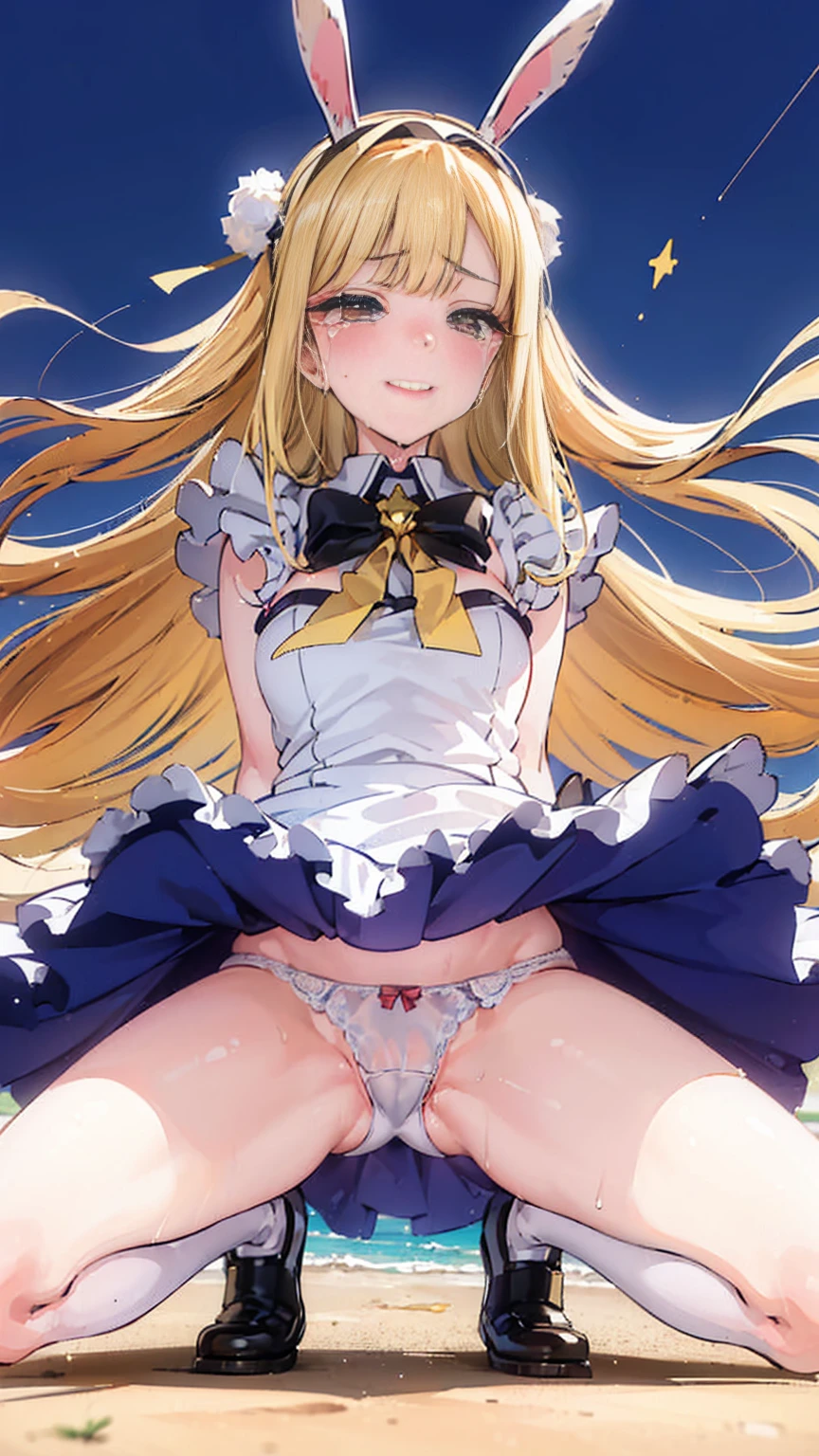 whole body,masterpiece, top quality, high-resolution, solo, rabbit ears, playboy bunny, blonde hair, headband, hair ribbon, straight long hair,hands on the hips, squatting, open legs, street, smile,kitagawa_marin,/(my_dresse_up_darling/),BREAK,penis Jet insirt Propulsion,nsfw,only pantie, in the park,screaming,shouting,lift underwear,(((Jet Propulsion,large amount of yellow pee liquid spurting from between her legs ))),1girl, solo,white pantie underwear ,dawn , squatting,pantie,white pantie,low angle,BREAK,high leg,crotch,(((screaming,crying,eMbarrassed,hime_cut,blunt_bangs,long hair))),marin_kitagawa/(my_dressed_up_darling/), straight hair