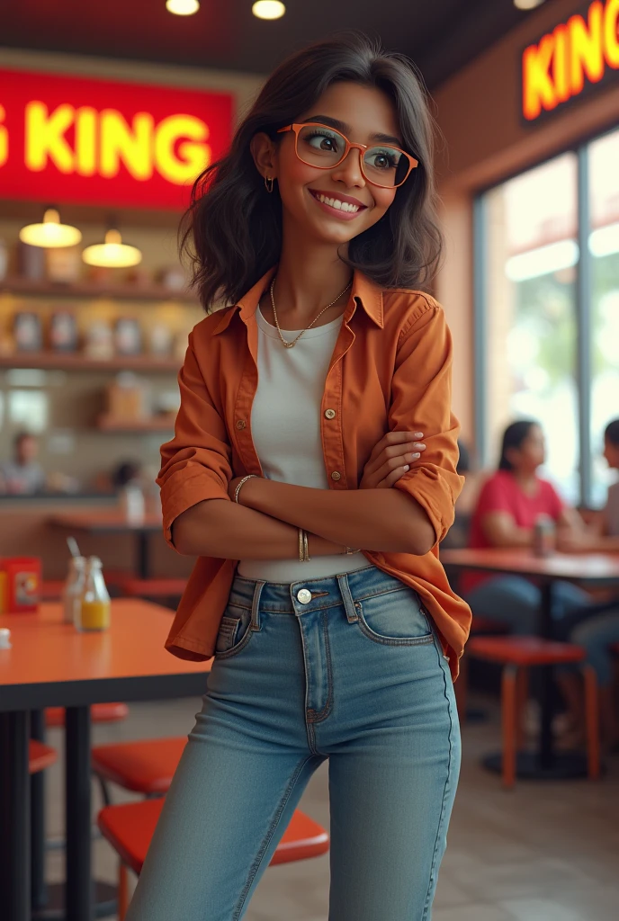 A 16 yr old Indian girl  at burgers king shop in a jeans and shirts outfits with a smile with a Hip pop female standing poses