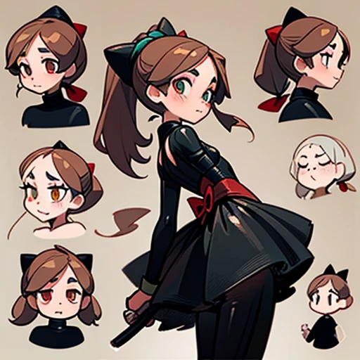 A girl with a slim build and small stature, with a youthful and developing figure.
Skin: Light-toned
Hair: Long and straight, light brown with a natural shine, she wears it in a high ponytail or two side ponytails with ribbons.
Eyes: Large and expressive, emerald green, full of curiosity and sweetness. Her eyelashes are long and thin.
Face: Childlike and rounded, with rosy cheeks and a friendly smile. She has a small and delicate nose.
Dressed in black qnd red erotic latex Bunny suit and With elements of demons and witch hat
(((character sheet))) ((various views)) ((front and back) (full body)
