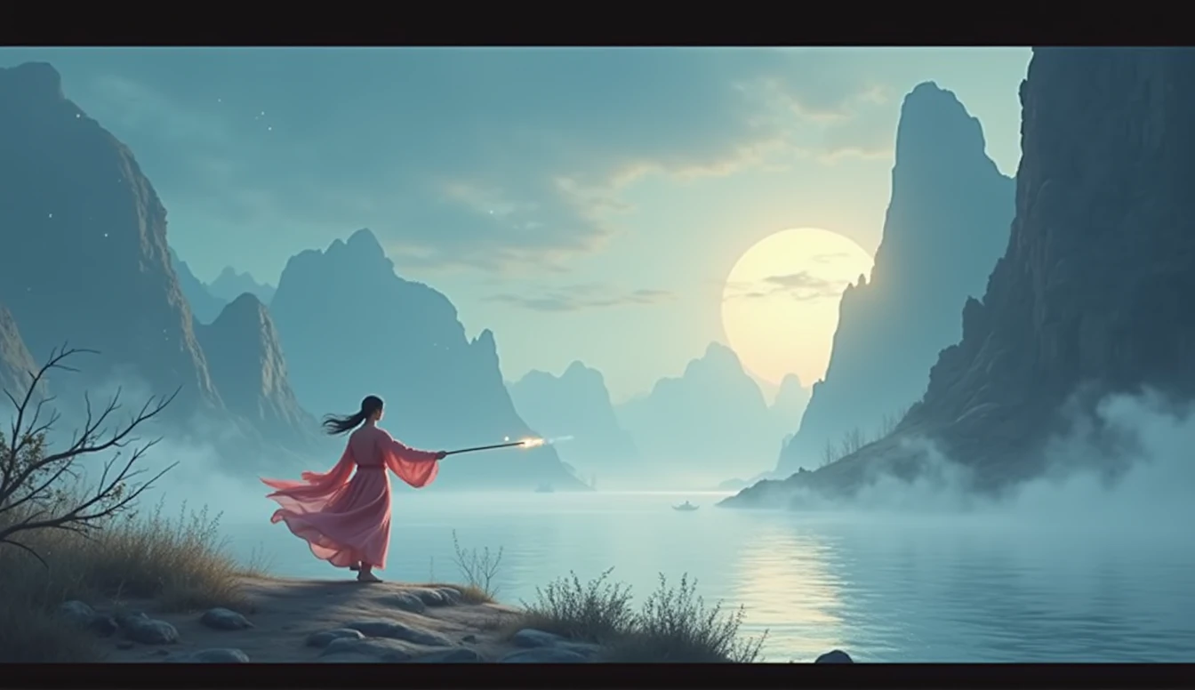 One picture describes five scenes,Movie storyboard,Scene View Scene 1:The sky rises straight up and destroys the vast,The Endless Tai Chi Long Scene 2:I haven't seen blood and grief for years,Forgetting Life and Death and Living in the Dust, Scene 3:Flying Stars Fly Far Away Crossing the Guan River,Ask the Lotus How to Know the Color of Ice and Snow Scene 4:Why hate the desolation after drinking,One Sorrow Is Not Enough to Unite the River Scene 5:The moon falls on the eaves of clothes,Borrowing a sword to pick flowers and scatter branches