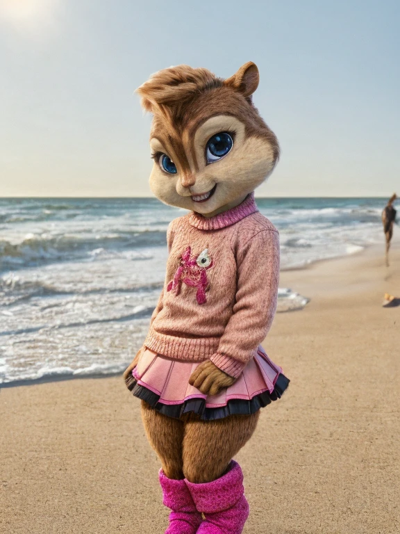 score_9, score_8_up, score_7, score_6, beach, brittany miller, chipmunk, furry, short ears, pink sweater, pink skirt, pink skirt, black leggings, pink boots, looking at viewer, 6 inches tall,