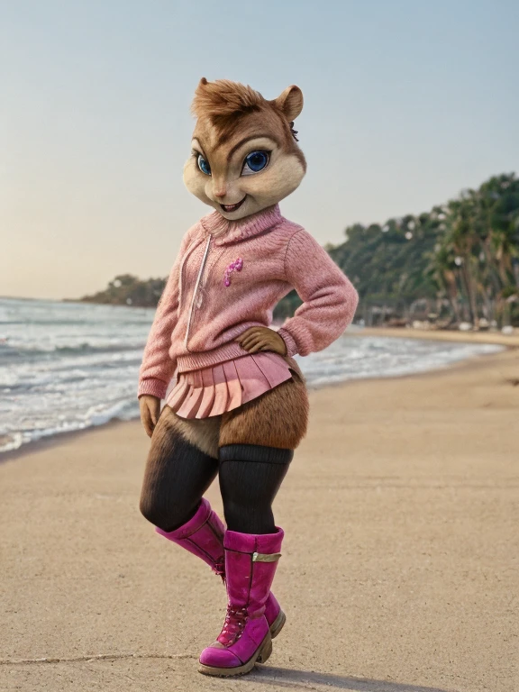 score_9, score_8_up, score_7, score_6, beach, brittany miller, chipmunk, furry, short ears, pink sweater, pink skirt, pink skirt, black leggings, pink boots, looking at viewer, 6 inches tall,