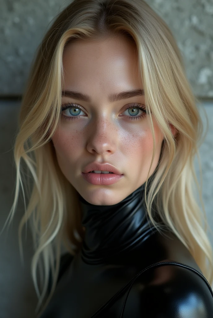 ((Best Quality, 8K, Masterpiece: 1.3, best quality)), photorealistic, photorealism, high resolution, ((face close up:1.2)), (detailed face skin, reallistic, Photorealsitic:1.37), face of 1girl , looking at the viewer, (Detailed face), medium long blonde hair, (wearing black rubber suit), concrete wall background,