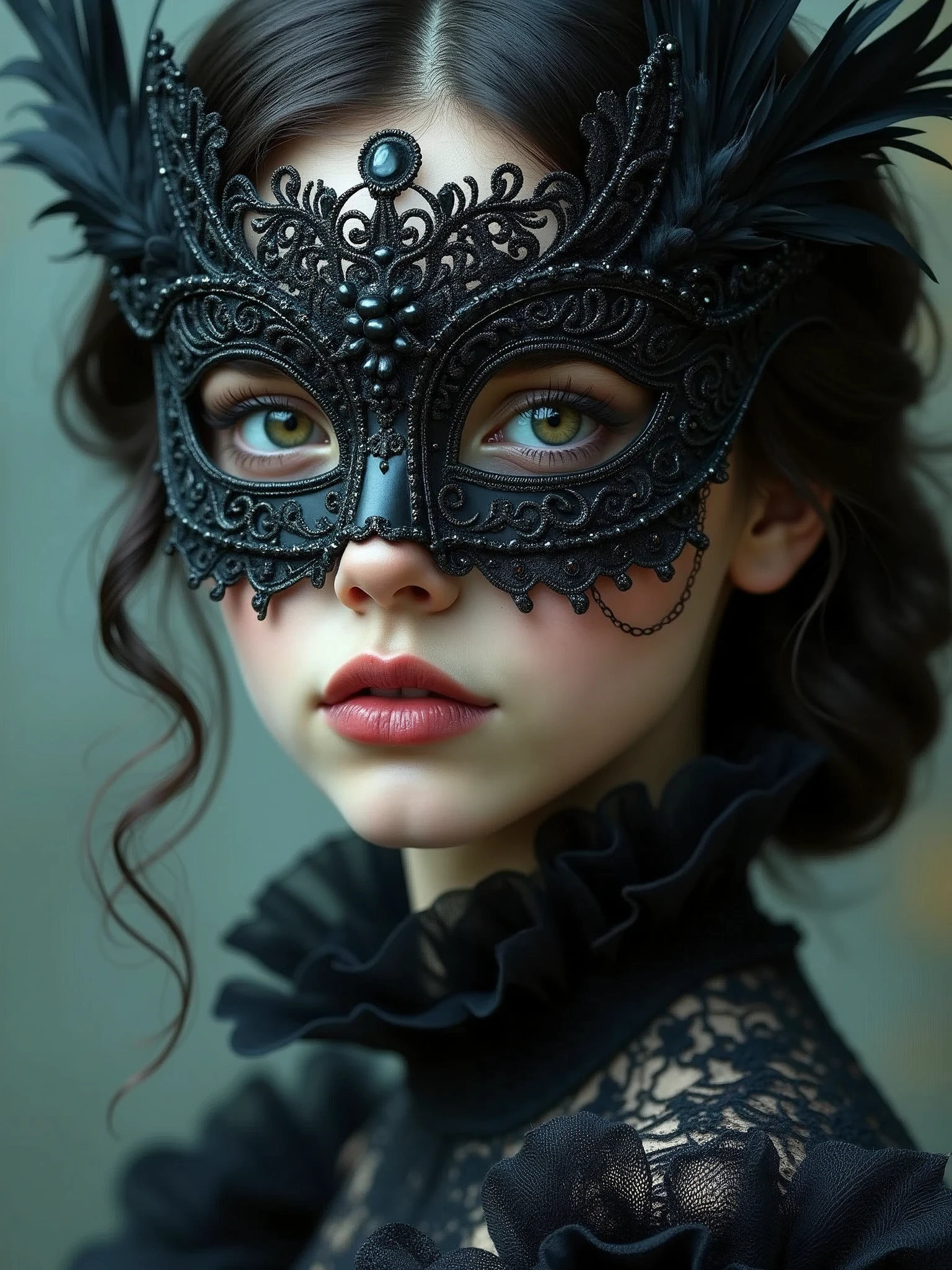 a close up of a GIRL wearing a mask, cgsociety contest winner, gothic art, wearing fantasy formal clothing, high quality fantasy stock photo, maxim sukharev, wearing intricate black choker