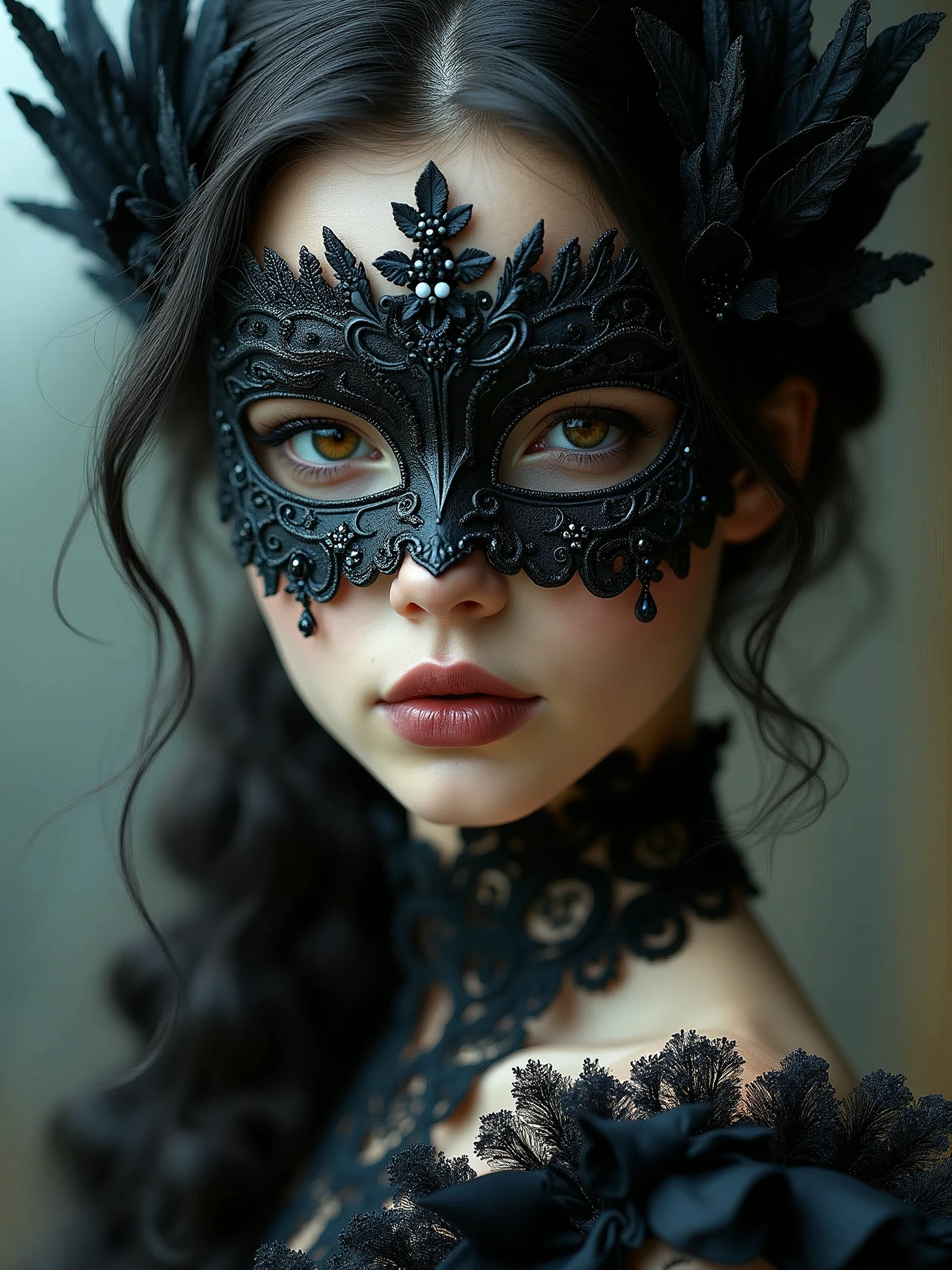 a close up of a GIRL wearing a mask, cgsociety contest winner, gothic art, wearing fantasy formal clothing, high quality fantasy stock photo, maxim sukharev, wearing intricate black choker