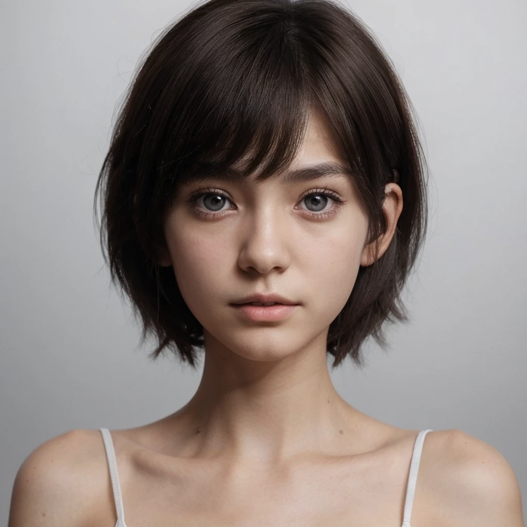 realistic, 14 year old female, nationality: sweden-japanese, brown-grey eyes, dark brown short hair, pale