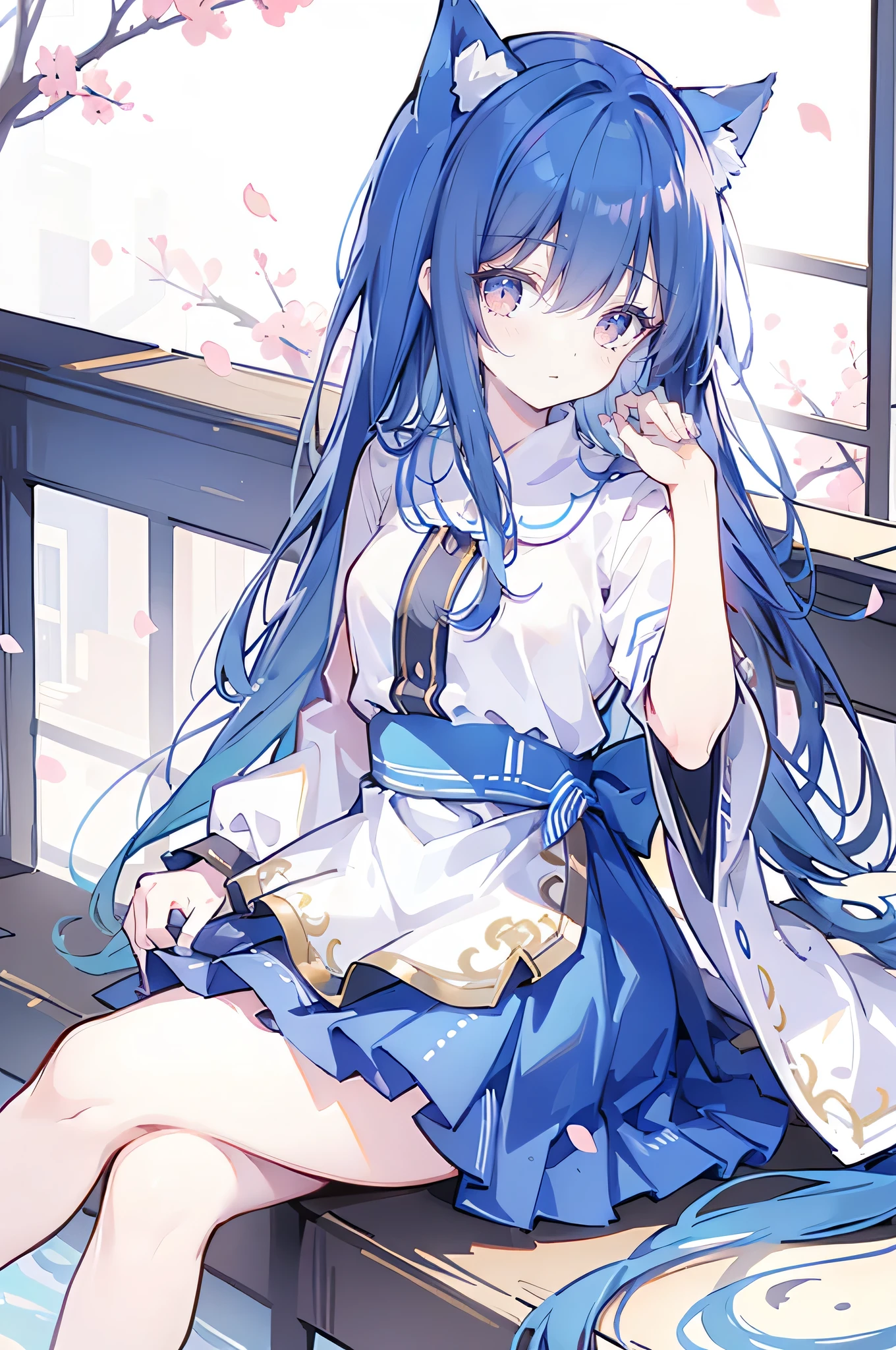 (masterpiece:1.2),Super detailed,lifelike,Expressive eyes,fair skin,perfect face shape,1 girl,
Japanese comics,Gorgeous blue hair,flowing blue hair,flowing clothes,Cat ears,Petals fall,beautiful lola,Baby Angel,
Shaking head with one hand,Cross your legs,,The pavilion is cool and comfortable,smile,back views,sunrise,Petals fall,sunrise,sitting on window sill drinking coffee and looking out the window。