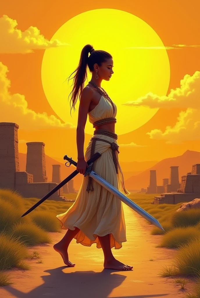 Women, walking on a road, pony hairstyle, full body picture, ancient women, Sword, 2d art, painting, indian women, ankita, Yellow big sun in background, Ancient Hampi in background, Side view