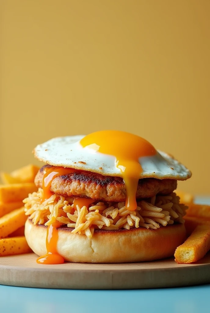 Shredded white chicken burger with fried egg and fries another angle

