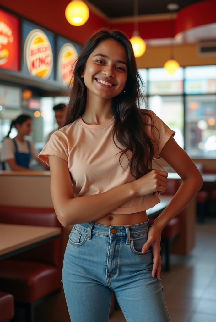 A 16 yr old Indian girl at burgers king shop in a jeans and shirts outfits with a smile with a Hip pop female standing poses