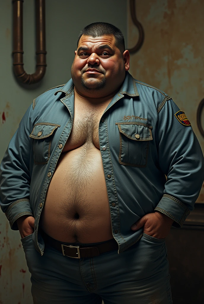 Create a fat person photo, Ugly face, with homosexual orientation, with dark black skin tone, poor class, dressed as a mechanic with his buttocks exposed
