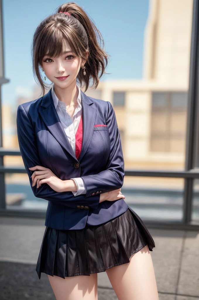 Kujikawa Def,ponytail,blazer,school uniform,Seraph of the Black,Long sleeve,skirt,Knee socks,jewelry,Earrings,Are standing,
Highest quality, Very detailed, masterpiece, Absurd,8k, photoRealistic, Realistic,Detailed skin texture,Detailed pupil,High resolution,Natural light,
One girl,alone,(Happy:1.1),(smile:1.2),short hair,Brown Hair,(Angular face:1.2),Shining Face,Large Breasts, Tight waist, Lip Makeup,