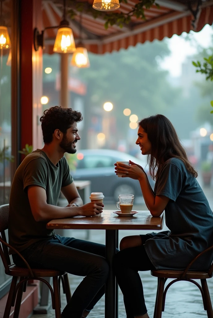 A boy age 27 south India from andhrapradesh wear jeans and t-shirt dusky skin and he came to a coffee shop and there was a girl age 25 north India from mumbai looks very modern she wears western dress looks very beautiful and active both of them were met accidentally in a coffee shop and having coffee outside the weather was cloudy and drizzling