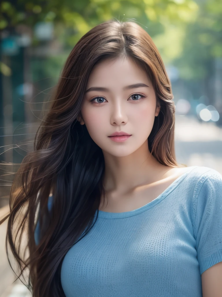 A girl with long hair and a blue shirt is posing for a photo, Soft skin texture,Soft and attractive lips,Lip gloss, Realistic:1.5, 8k Raw Photo:1.5, Photorealistic, Photorealistic girl render, 滑らかなRealisticアート, 16K高解像度 Realisticな若い女の子, Cute girl rendering,