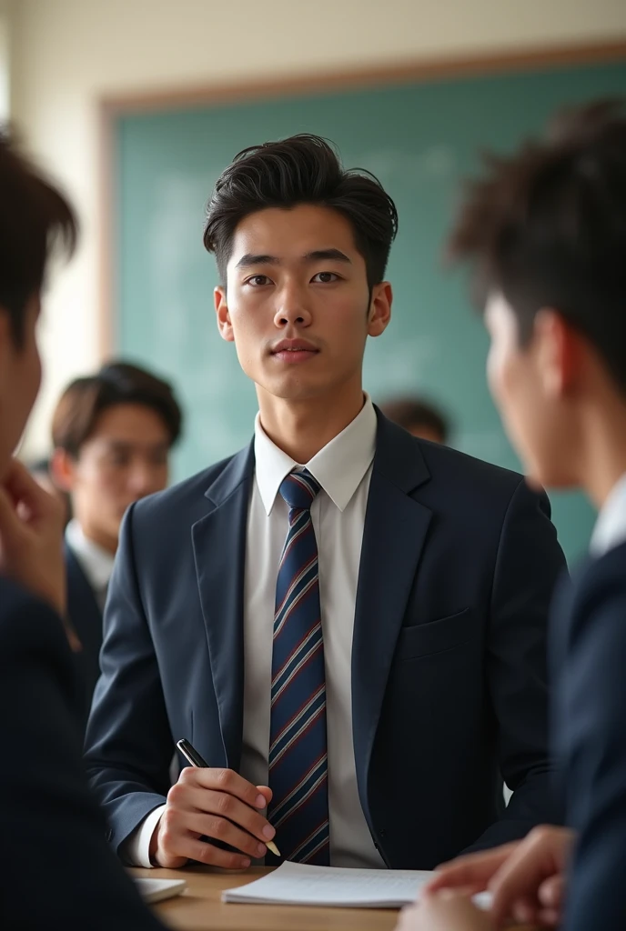 Handsome 20 Year Old Boy in a College Uniform , in Classroom with his Boy Friends
