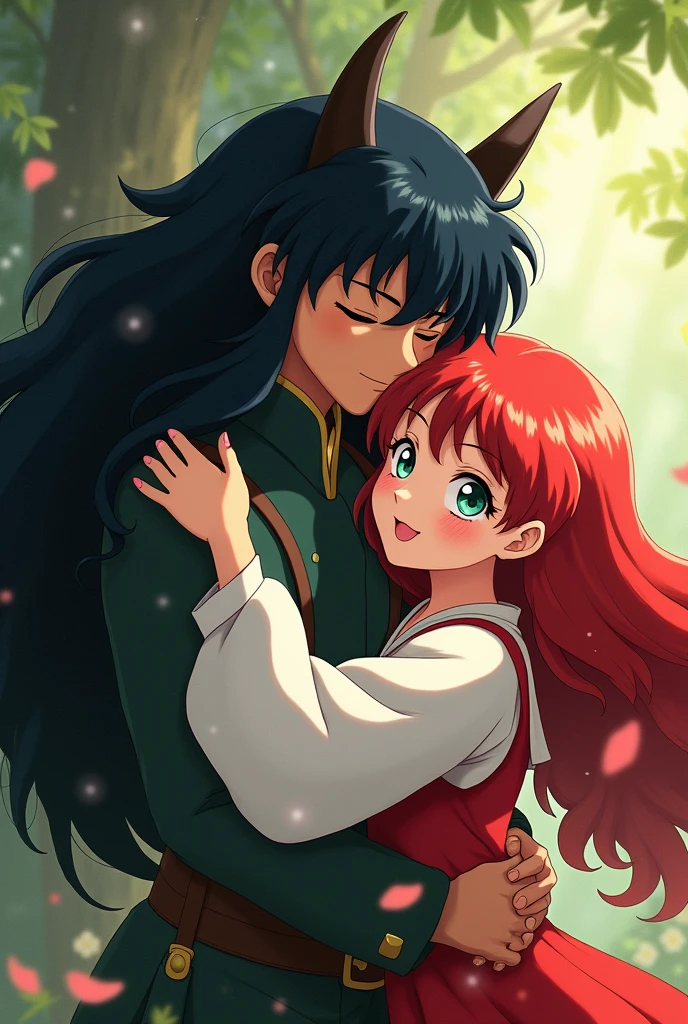 A cute girl with long wavy red hair, with cute blue-green eyes hugging Inuyasha 