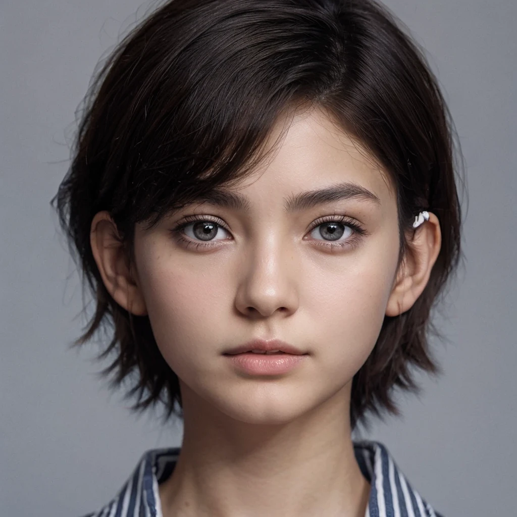 realistic, 14 year old female, nationality: sweden-japanese, brown-grey eyes, dark brown short hair, pale