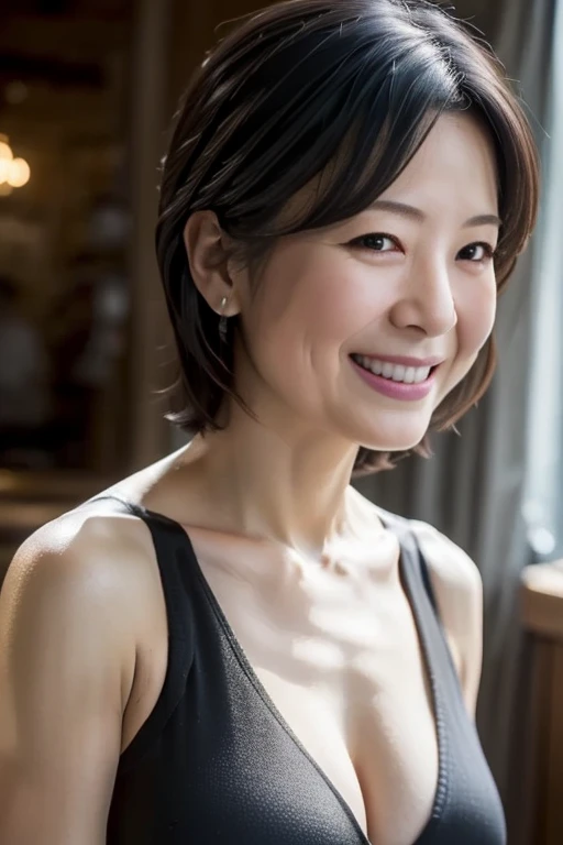 (In 8K, Highest quality, masterpiece:1.2), (Realistic, Photorealistic:1.37), Very detailed, Natural light, Mid-chest, Cleavageが見える, 1 person, 50-year-old woman, Black Hair, short hair, Look up at the viewer from below, Cleavage, Black sleeveless, (A big smile:1.5), Very detailed顔と肌, Detailed eyes, Very detailed顔と肌