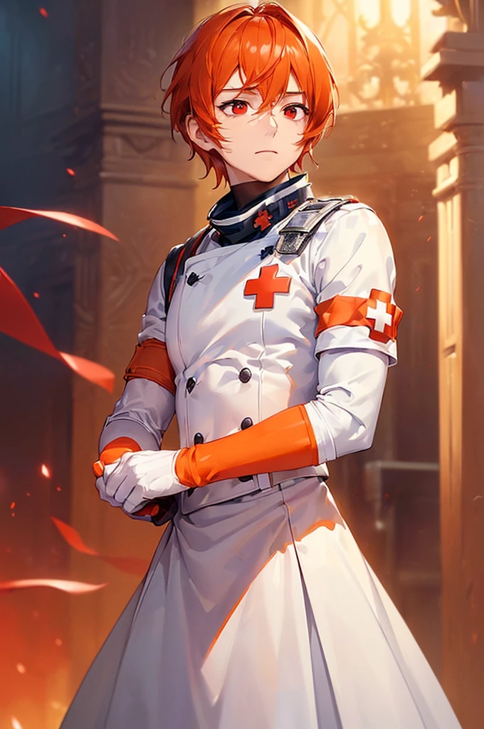 (((masterpiece; best quality: 1.2))), (finely detailed eyes: 1.3), ((1 young man)), ((solo)), (red eyes: 1.4), (body shape; lean, masculine: 1.3), (very short orange hair: 1.3), (beautiful and clear background: 1.2), ((depth of field)), (equipment: white fantasy combat-medic uniform + armband with red cross: 1.3), (anime illustration: 1.2), (background composition; palace gardens + day: 1.1), (extremely fine and handsome: 1.1), (shot composition; standing + centered on face + close-up: 1.5), (facial expression; calm, stoic: 1.2)
