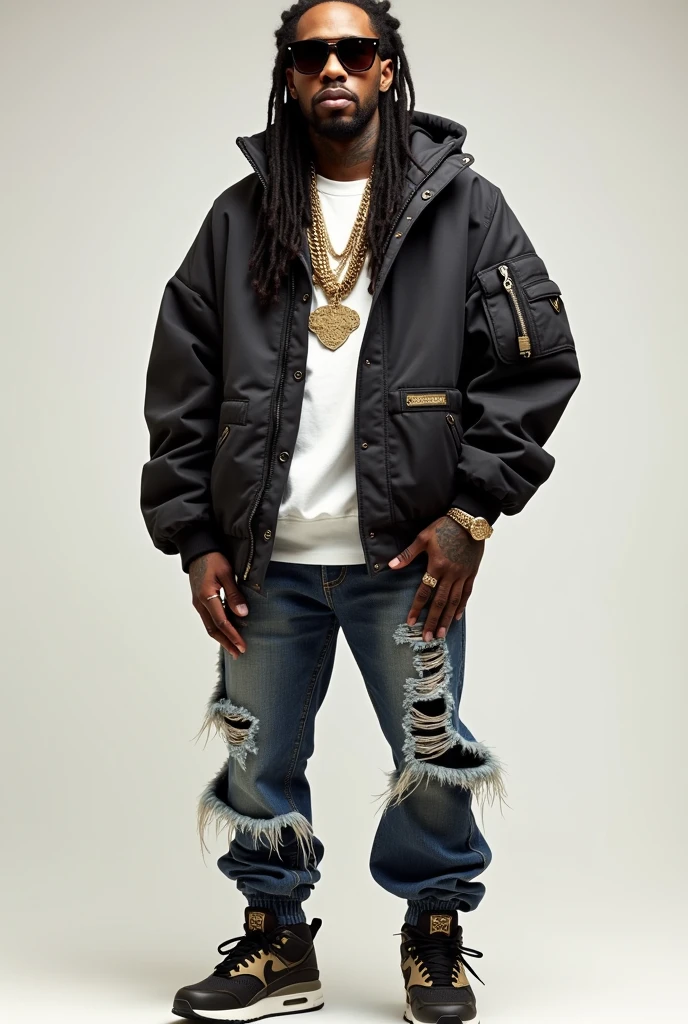 "It generates an image of a rapper with a modern and striking style. Dress the character in oversized clothing, such as a uniquely designed sweatshirt and ripped jeans. Includes a bomber jacket or parka with highlighted details. Add accessories like gold chains, statement rings, and uniquely designed sunglasses. Make sure the footwear is a pair of luxury or limited edition sneakers. For the hairstyle, choose long dreadlocks with decorative details and consider adding some visible tattoos on the neck or hands. The character's expression should be confident and charismatic, capturing the essence of a successful and fashionable rapper's lifestyle."
