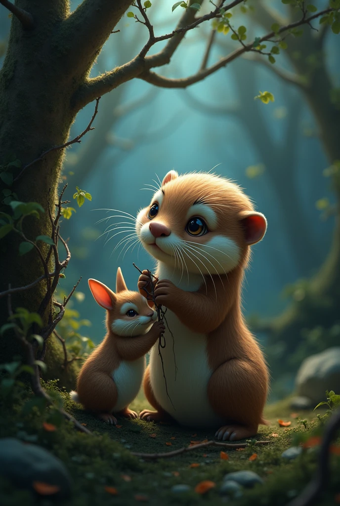 Otter Helping a Rabbit: A small, courageous otter carefully nibbling away at thorny bushes to free a tiny, frightened rabbit. The rabbit’s wide eyes are filled with hope as it looks at the otter. The setting is a dense, shadowy forest.