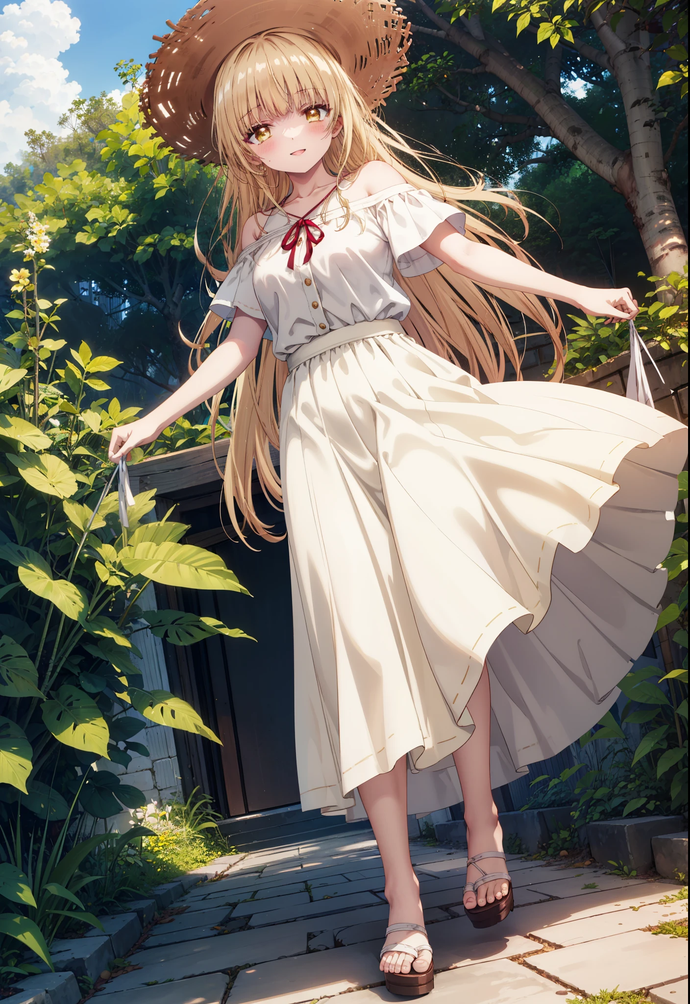 mahirushiina, mahiru shiina, Long Hair, bangs, Blonde, Brown Hair, (Yellow Eyes:1.3),happy smile, smile, Open your mouth,blush, Straw hat,smile,Cold Shoulder Shirt,Short sleeve,Long skirt,Cute heeled sandals,True Summer,Clear skies,Daytime,Palm tree,Hair is fluttering in the wind,whole bodyがイラストに入るように,
break outdoors, tropical,In town,Coastal Road,
break looking at viewer, whole body,
break (masterpiece:1.2), Highest quality, High resolution, unity 8k wallpaper, (figure:0.8), (Beautiful attention to detail:1.6), Highly detailed face, Perfect lighting, Highly detailed CG, (Perfect hands, Perfect Anatomy),